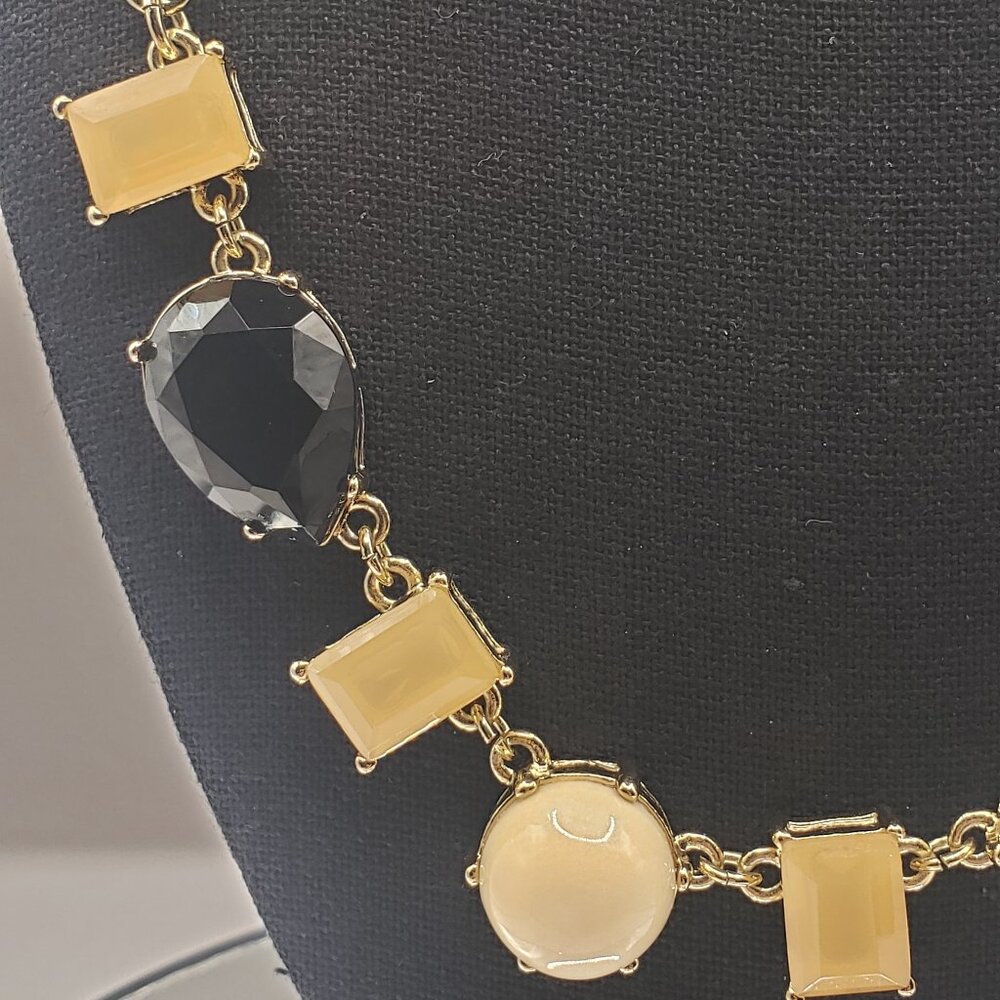EUC J Crew Gold Tone Faux Pearl Black & Caramel Rhinestone Statement Necklace - Picture 12 of 12